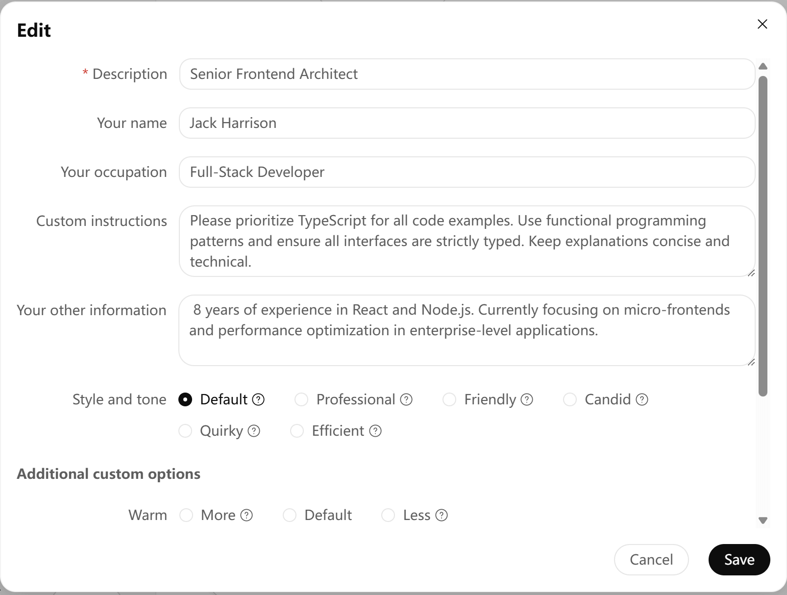 Profile creation dialog showing personality customization options